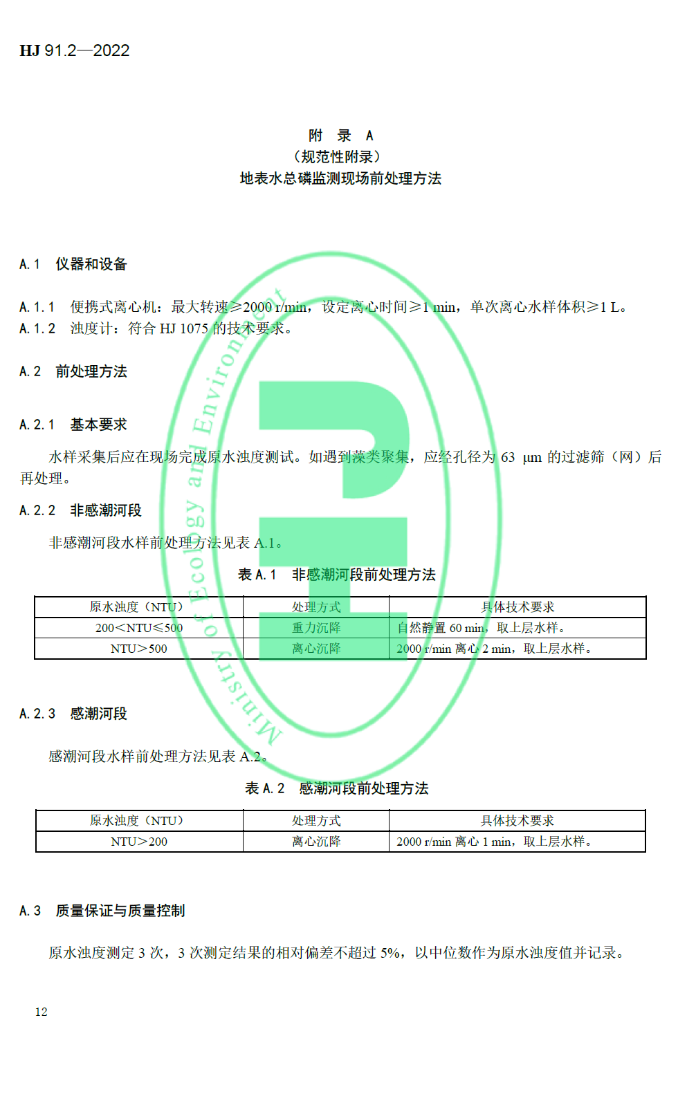 地表水環(huán)境質(zhì)量技術(shù)規(guī)范附錄A